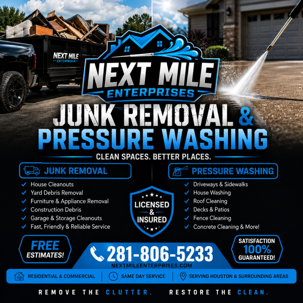 Junk removal Houston - Next Mile Enterprises pressure washing and junk hauling truck