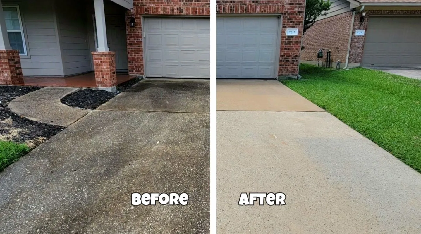 Before and after Houston pressure washing of a walkway, dirty side vs clean side