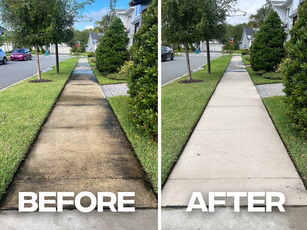 Houston sidewalk before and after professional pressure washing by Next Mile Enterprises