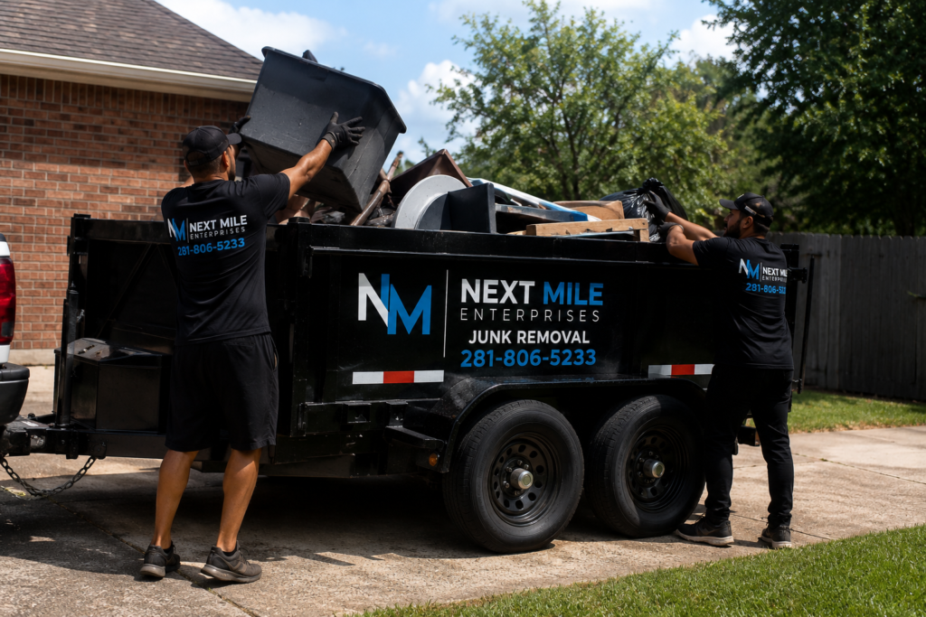 Next Mile Enterprises crew loading junk removal trailer in Houston